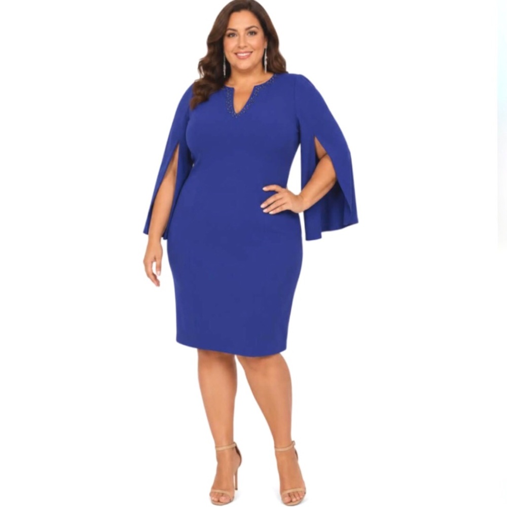 Adrianna Papell Split Sleeve Dress Blue Embellished Sheath Size 24W
